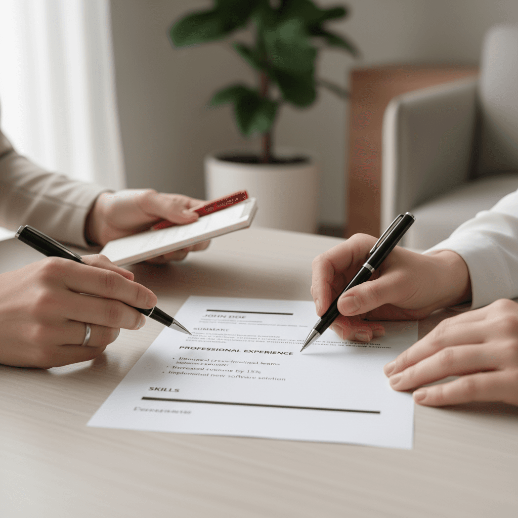 Professional consultant reviewing resume with pen, pointing to document sections on wooden desk with natural light