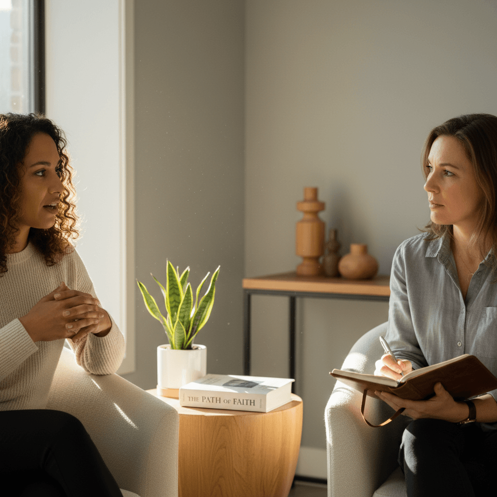 Two women in intimate coaching conversation, one speaking thoughtfully while the other listens with journal in natural sunlit office space