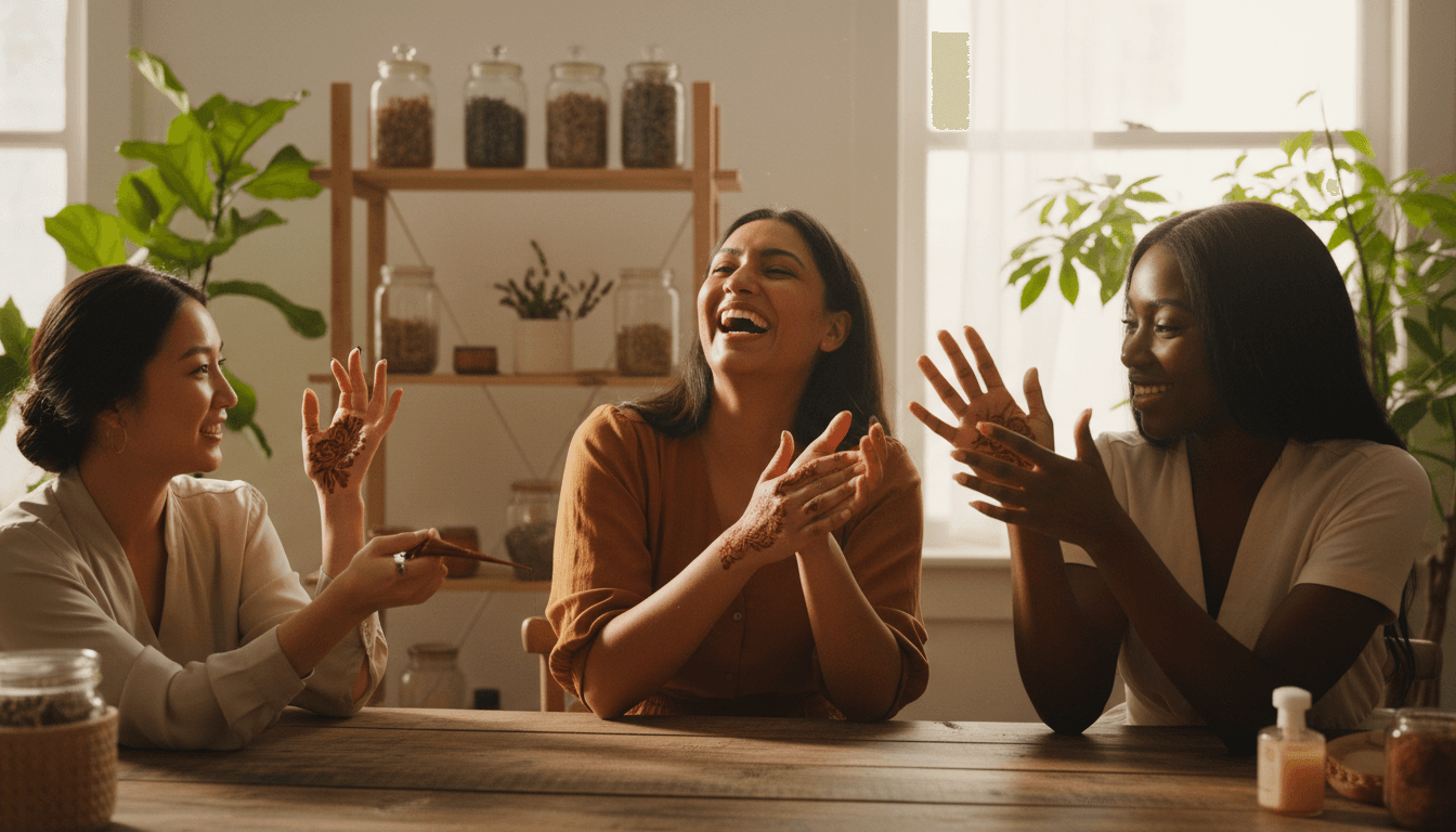 Three diverse women admiring their fresh mehendi and nail cone applications while celebrating together in a bright, sunlit space