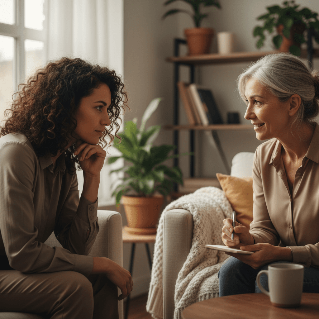 Two women in intimate conversation during a coaching session in a warm, naturally lit consultation space