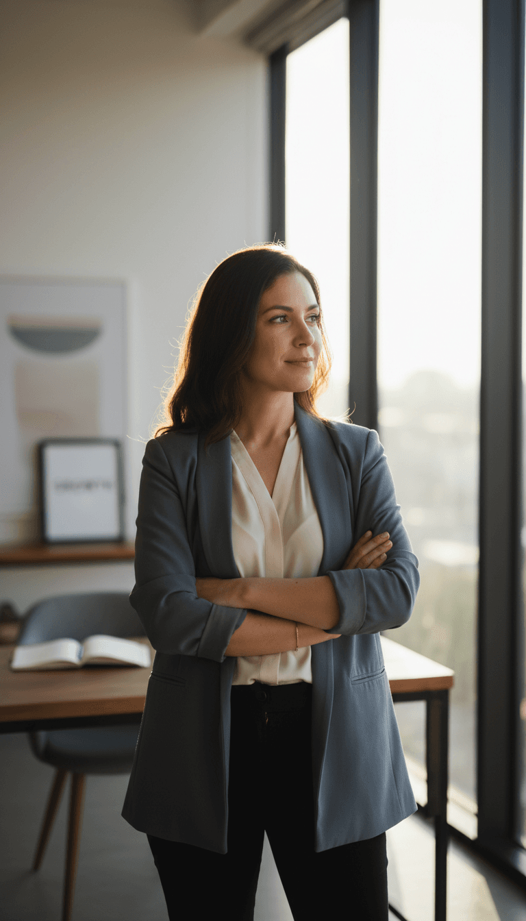 Confident woman in power pose standing by window displaying self-assurance and inner strength