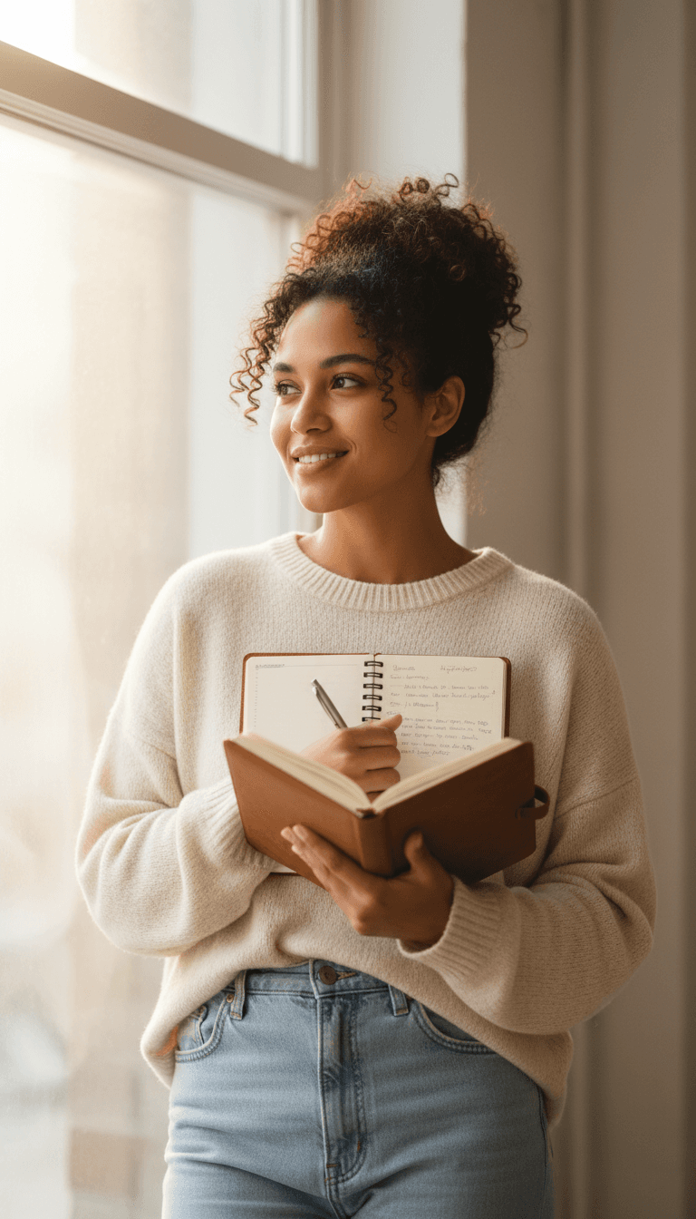 Woman reflecting positive self-image and renewed confidence