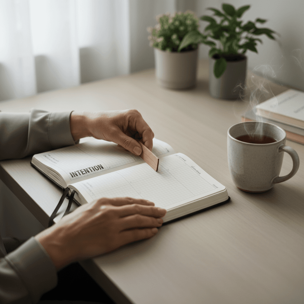 Mature woman's hands organizing a planner on wooden desk with tea and natural morning light