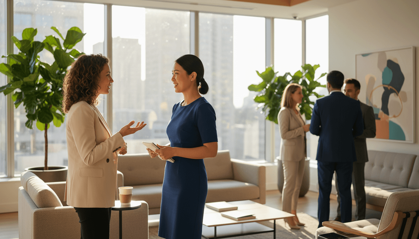 Professional women in a warm, supportive meeting environment