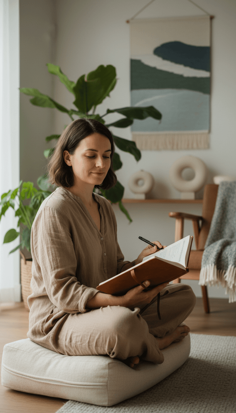 Client sitting peacefully with journal and pen in contemplative moment during spiritual wellness practice