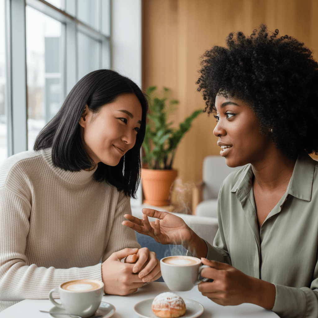 Two women of different ethnicities having meaningful conversation over coffee in bright café with natural window light